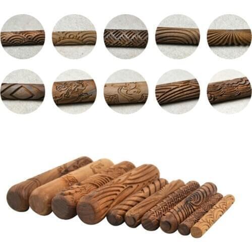 Pottery Tools,Wooden Handle Rollers Clay Modeling Pattern Rollers Kit Pottery Tools Set with Assorted Patterns 10Pcs