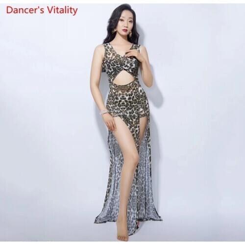 Belly Dance Practice Clothes Summer New Female Sexy Leopard Yarn Double Split One-Piece Dress Performance Clothing