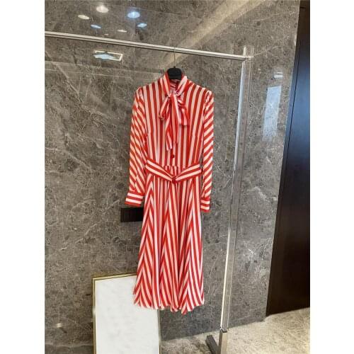 Dress Midi 2021 New Women Spring Summer Striped Red White Silk Long Sleeve Cuffs Scarf Neck Rear Zipper Sicily Bow Fashion Show