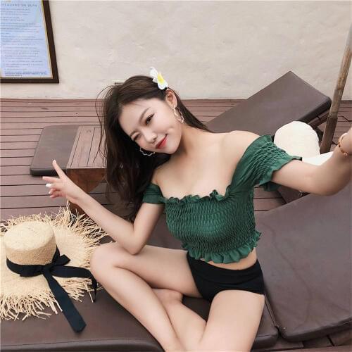 Pleated Bikini Women Solid Swimwear Push Up Swimsuit High Waist Biquini Crop Top Bikinis Green Bathing Suit Korea Style Beach