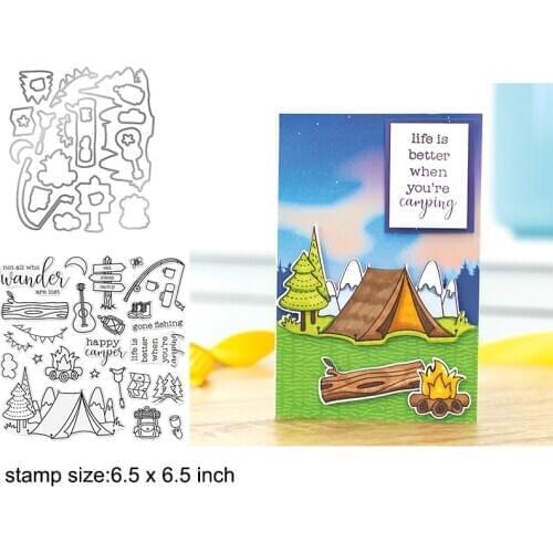 Camping Clear Stamps With Metal Cutting dies for DIY Scrapbooking Paper Cards Silicone Transparent Stempels Seal New