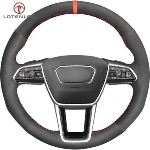 LQTENLEO Black Suede Hand-stitched Car Steering Wheel Cover For Audi A6 (C8) Avant Allroad 2018-2019 A7 (K8) 2018-2019 S7 2019