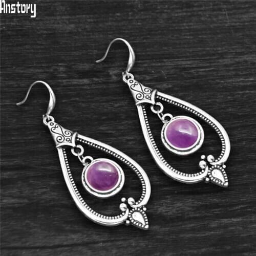 Round Amethysts Drop Earrings For Women Tibetan Silver Natural Stone Rose Quartz Lapis Lazuli Tiger Eye Fashion Dangle Earring