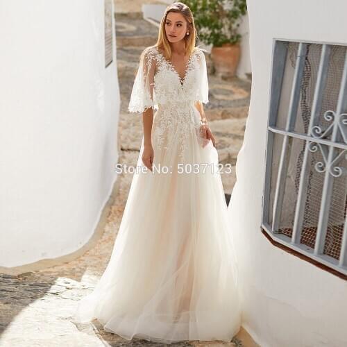 Chic Lace Appliques Light Champagne Wedding Dresses with Flare Sleeves A Line Boho Bridal Wedding Gowns V Back Bride Dress