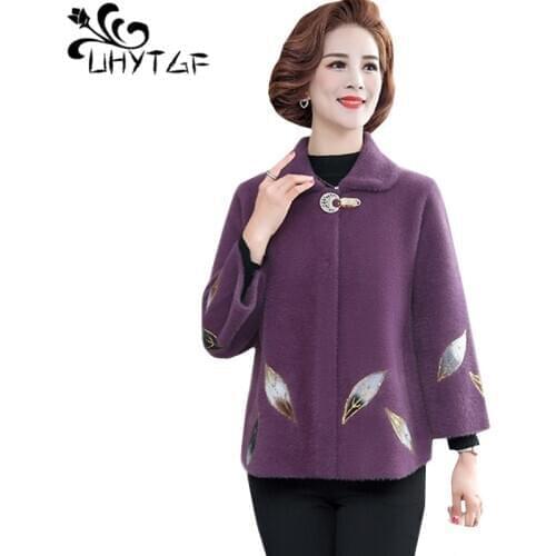 UHYTGF Women spring autumn coat quality mink cashmere casual short wool jacket elegant female loose 4XL plus size outerwear 1048
