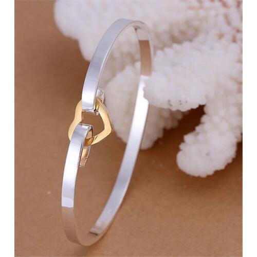 KN-B082 Wholesale Silver Color Bangle Factory Price 925 Free Shipping New Arrival Fashion Jewelry Silvery & Golden Heart Bangle
