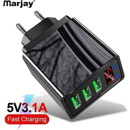 Marjay 3 Port USB Charger LED Display EU US Plug 3.1A Smart Fast Charger Wall Mobile Phone Charger For iPhone Samsung Xiaomi LG