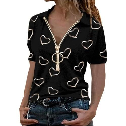 2021 Summer Women Fashion Zip Up V-Neck T Shirt Short Sleeve Love Printed Ladies Tops Casual Blouse Womens Plus Size Clothing