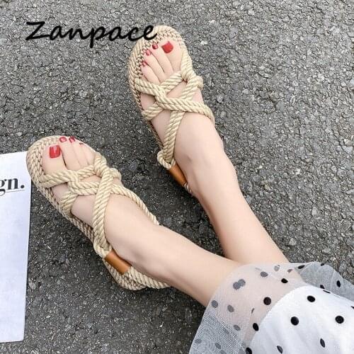 Handmade Women Sandals 2019 Gladiator Flat Heels Sandals Women Hemp Slip on Hemp Shoes Beach Sandals Cross-tied Flat Sandals