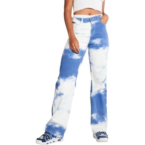 Women Spring Jeans, Splicing Color Middle Waist Button Zipper Placket Straight-Leg Pants with Pockets for Girls, Blue White