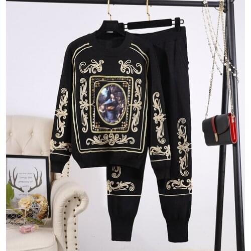Black Red Knitted Tracksuit Outfits Women Fashion Beaded Oil Painting Patch Embroidery And Long Pencil Pant Casual Knitwear Sets