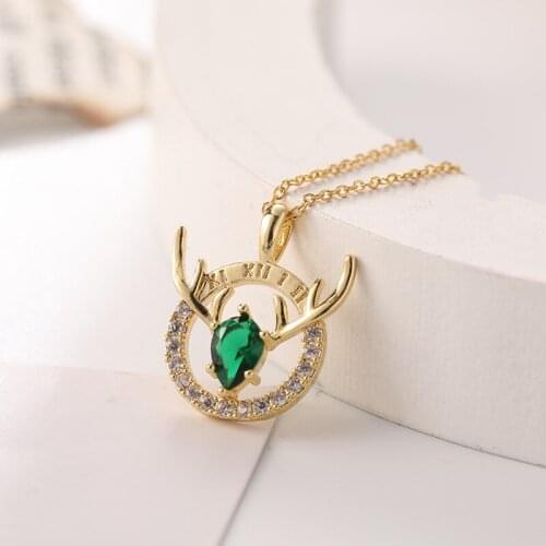 2021 New Elegant Romantic You All The Way Blue Green Crystal Antlers Necklace For Women Korean Style Stainless Steel Jewelry