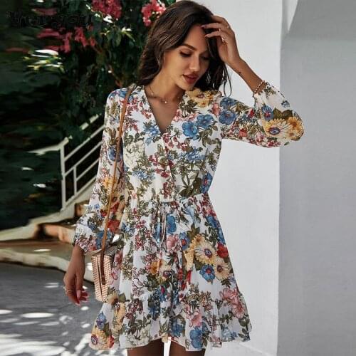 Spring New Print V Neck Dress Women Casual Full Sleeve Lace Up High Waist Dress For Women 2021 Summer Ladys Elegant Dress