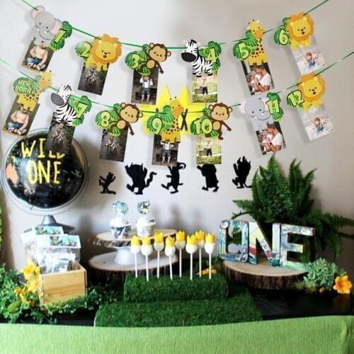 1 set Animal 1-12 month Photo Banner Jungle Safari 1st Birthday Party Supplies Wild One Paper Banner First Birthday Decoration