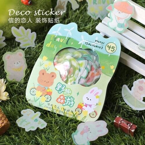 45 Pcs Cute Cartoon Rabbit Bear Travels Decorative PVC Stickers Scrapbooking Label Diary Stationery Album Journal Planner Stick