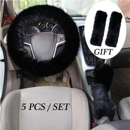 5 Pcs Car Steering Wheel Cover with Handbrake Cover & Gear Shift Cover & Seat Belt Shoulder Pads Fluffy Warm in Winter 15 Inch