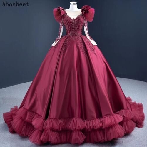 Long Sleeve Ball Gown Satin Prom Evening Dress Long 2021 Beading Top Small Train Elegant Long Formal Dress Evening Gown