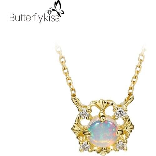BK Natural Opal Pendant Necklaces For Women Girl 925 Sterling Silver Wedding Engagement Vintage Fashion Round Zircon Jewelry