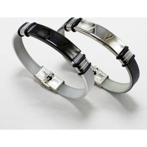Punk Black Silicone Bracelet for Men Handmade Black/Silver Color Stainless Steel Bar Bracelet Homme Jewelry