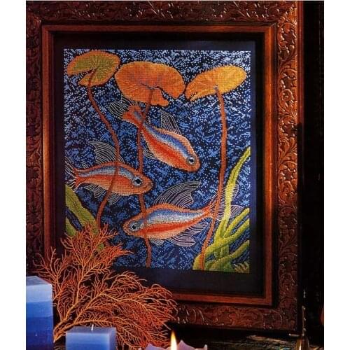 Colorfully fabric Lovely Counted Cross Stitch Kit Three Red Tropical Fishes Fish Under the Sea Goldfish