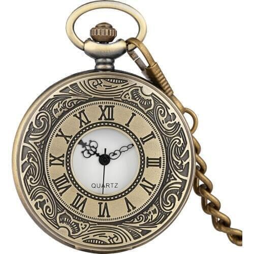 Classic Bronze Cover Pocket Watch for Men Half-hollow with Roman Numerals Dial Pocket Watches for Women Pendant Watch