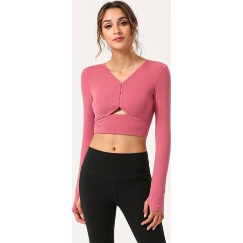 Short Style Fitness Top Womens Tight Fast Dry Yoga Long Sleeve Training Sports Running Navel T-shirt With Chest Pad