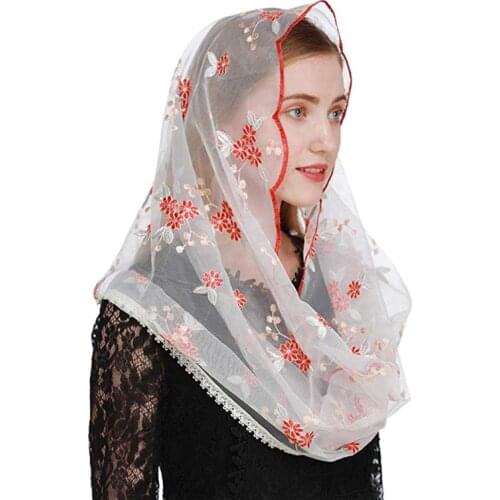 Colorful Floral Lace Mantilla Veils Catholic Headcovering For Church Chapel Yellow Red Flowers Women Head wraps D shape Spanish