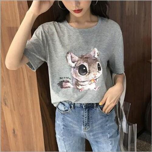 Cute Squirrel Print T shirt Women Spring Summer New Short Sleeve O Neck T-shirts Woman Slim Fit Women Tshirt