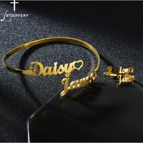 Letdiffery Fashion Custom Name Jewelry Set for Women Heart Bangle Stainless Steel Ring Bracelet Wedding Party Gifts for Lovers