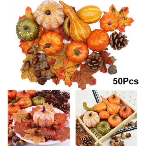 Set of 50Pcs Mix Autumn Harvest Simulation Pumpkin Decoration Props Home Decorative Halloween Thanksgiving Party Ornament