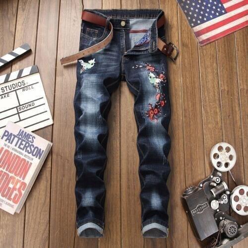 New Brand Chinese Style Floral Embroidery Full Length Mens Denim Pants Straight Runway Fashion Washed Elastic Jeans Trousers