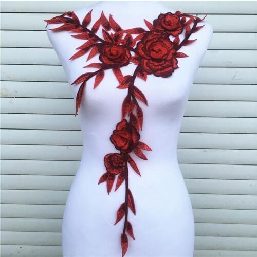 3D Chiffon Wine Red Neckline Collar Lace Fabric Flower Wedding Deco Fringe Long Lace Trim DIY Craft Scrapbooking