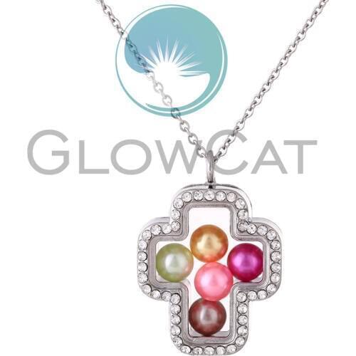Glass Rhinestone Cross Pendant Necklace Silver Color Locket Pearl Cage Pendant Steel Chain Necklace