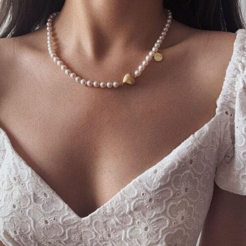 Real Natural Round Pearl Heart Beads Necklaces Women Jewelry Punk Party T Show Designer Club Ins Rare Japan Korean