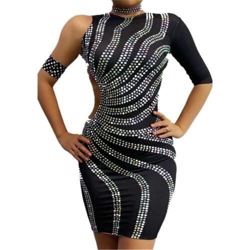 Women Fashion Sexy Slim Stripe Rhinestone Backless Dress High Elastic Singer DJ DS Beyonce Dance Costumes Pole Gogo Dancewear
