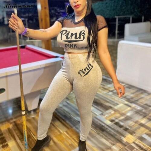 Sexy Women Tracksuit Pink Letter Print Casual 2 Piece Outfits Set Hollow Out Hoody Crop Top + Long Pants Suit Sport Streetwear