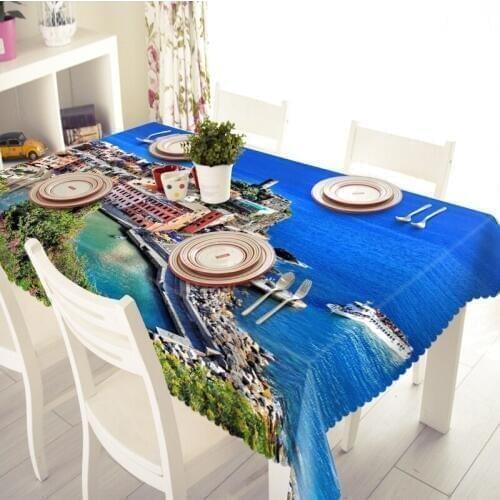 3D Tablecloth Sea Villa Blue Sky Pattern Merry Christmas Washable Cloth Thicken Rectangular and Round Table Cloth for Wedding