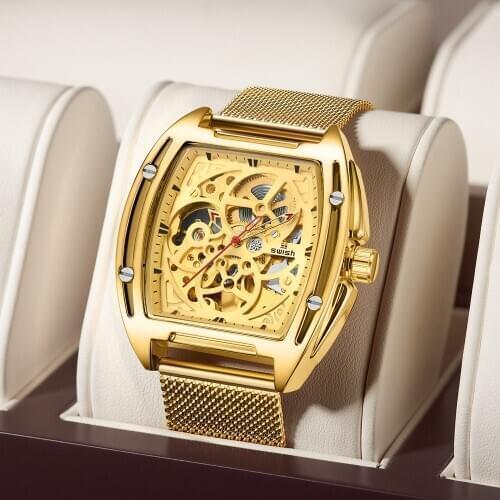 SWISH Design Automatic Watch Luxury Golden Hollow Mechanical Wristwatches Stainless Steel Waterproof Watch Men relogio masculino