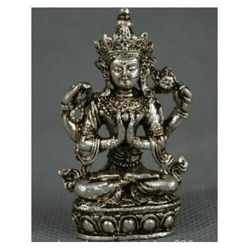 TIbet Buddhism Miao Silver Seat 4 Arms Chenrezig Buddha Avalokiteshvara Statue