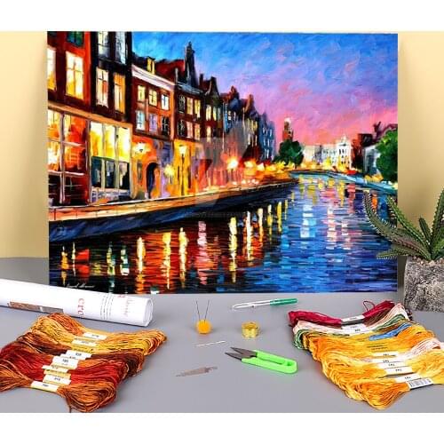 Amsterdam - Sunday Night Printed Fabric 11CT Cross Stitch Full Kit DIY Embroidery DMC Threads Sewing Painting Craft Jewelry