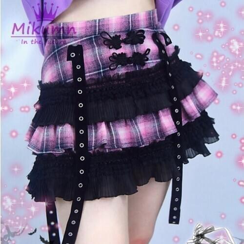 Japanese Harajuku Style Girls Black Pink Plaid High Waist Pleated Skirts Summer Ball Gown Punk Sweet Lolita Cake Mini Skirts