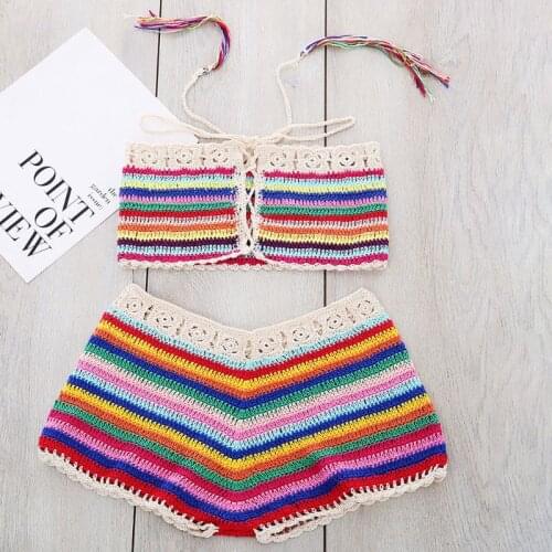 Womens Sexy Bohemian Rainbow Handmade Crochet Knitted Bikini Set Drawstring Lace Up Bandeau Tube Top Shorts Beach Swimsuit