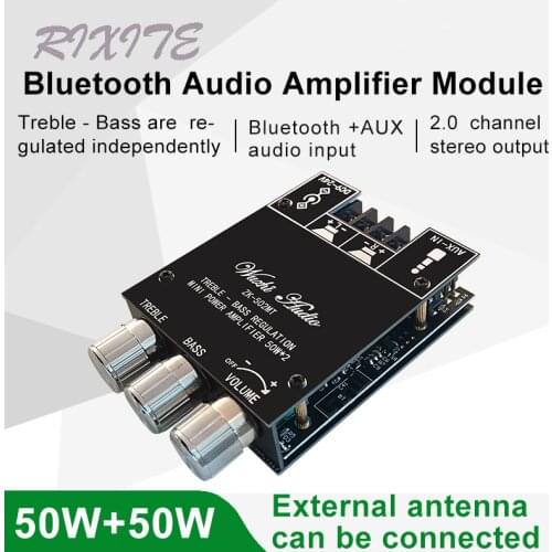 2*50W Bluetooth 5.0 Subwoofer Amplifier Board 2.0 Channel High Power Audio Stereo Amplifier Board AUX Bass Treble AMP