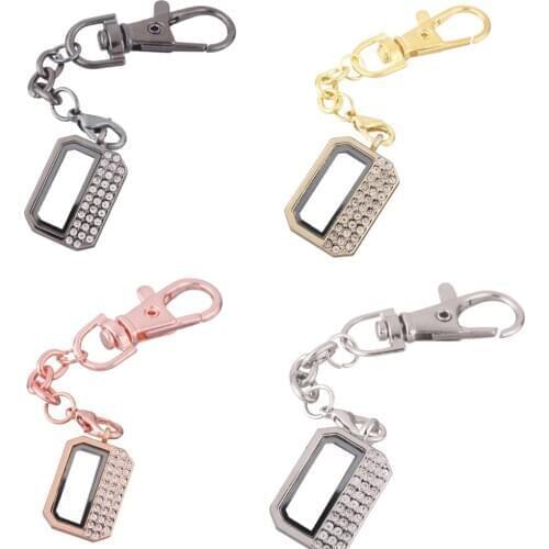 1pcs Rectangle Half with Rhinestone Floating charm Locket Keychain with Lobster clasp DIY twist memory Glass locket Key chain