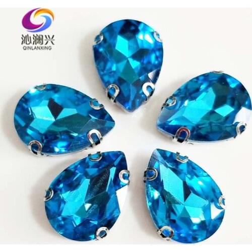 Anti hook Lake blue DR shape High quality Glass Crystal flatback sew on claw rhinestones,Diy Clothing accessories SWSD12