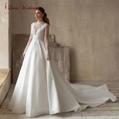 New Arrival Fantastic Simple Satin High Neck Long Sleeve Wedding Dress Illusion Back Button Cover Lace Bodice Bridal Gown 2021