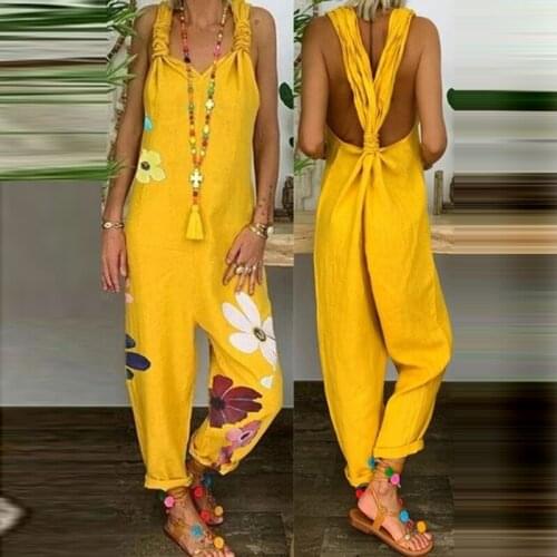 Women Overalls Sleeveless Bib Backless Jumpsuit Dungarees Fashion Loose Floral Print Sling Jumpsuit Playsuits Combinaison New