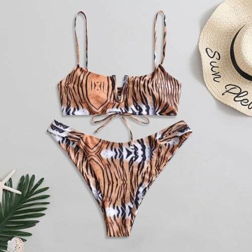 Push Up Bikini Set 2020 Tiger Print Lace Up Thong Swimsuit Female Sexy Cut Out Leopard Bathing Suit Swimwear Trajes De Bano