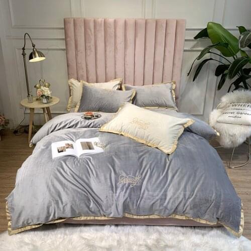 2019 bed 4pcs Luxury Solid Color Velvet Bedding Set Duvet Cover Sheet Pillowcase King Queen twin Size White Gray pink Bed Linen