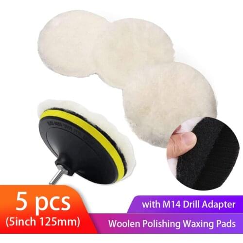 5pcs Wool Buffing Polishing Pad Set Wool Wheel and Polishing Pad Woolen Polishing Waxing Pads Kits with M14 Drill Adapter
